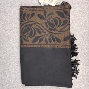 Charter Club Women's Scarf Black Cocoa Floral Jacquard Fringe Wrap Made in Italy